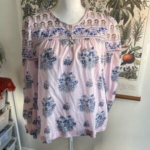 Big Sur Beachy Pink and Blue Cotton Floral Women's Boho Blouse Medium